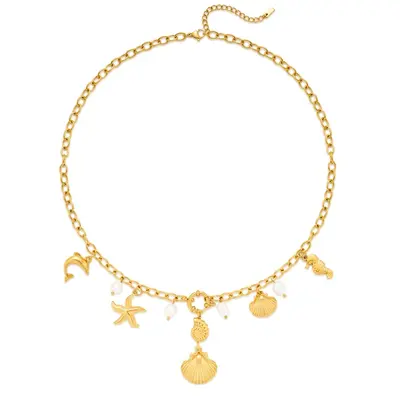 Sterling Silver with Yellow Gold Plated Pearl Dolphin Seahorse Starfish Shell Pendant Necklace