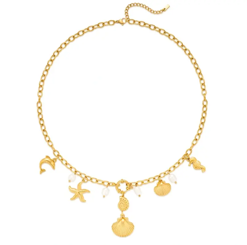 Sterling Silver with Yellow Gold Plated Pearl Dolphin Seahorse Starfish Shell Pendant Necklace