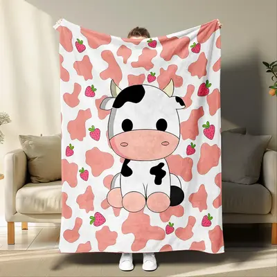Cartoon Cow & Strawberry Print Blanket, Cool Bedroom Soft Throw Blanket, Christmas Decor Cozy Napping Blanket For Home Office...