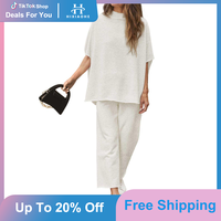 Women's 2 Piece Outfits Lounge Set 3/4 Batwing Sleeve Capelet Crew Neck Pullover Tops Wide Leg Pants Travel Set Soft  Womensw...