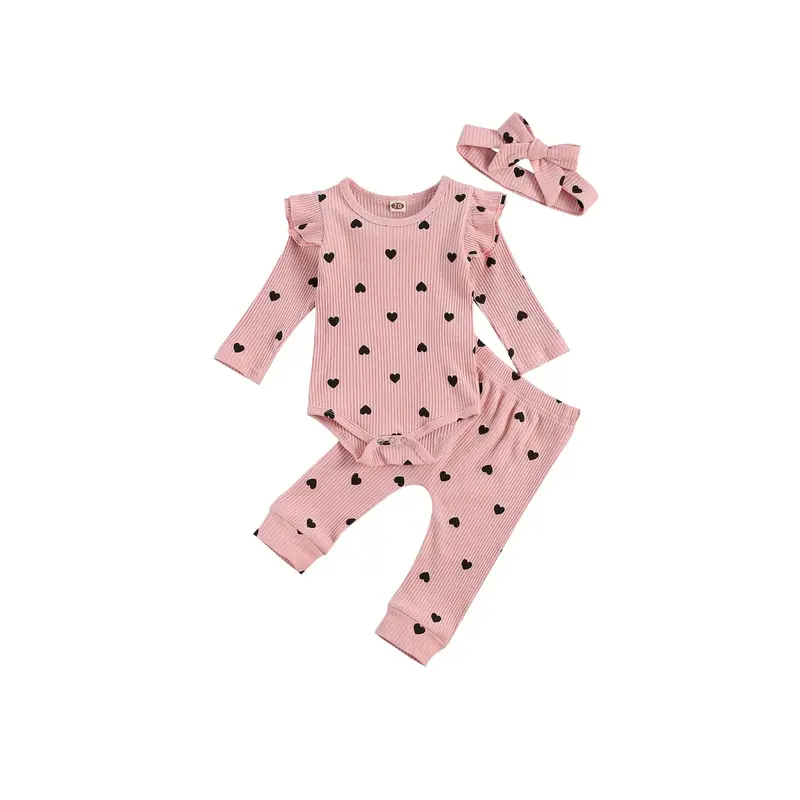 0-24M Newborn Baby Girl Cute Heart Print Crew Neck Ruffle Long Sleeve Romper + Long Pants Headband Set 3pcs Infant Spring Fal...