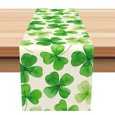 Watercolor Green Clovers White Spring Table Runner - Aperturee