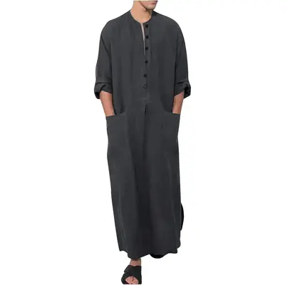 Men’s Long Sleeve Muslim Thobe – Middle Eastern Kaftan Robe, Saudi-Style Islamic Nightgown Abaya for Graceful Reflection