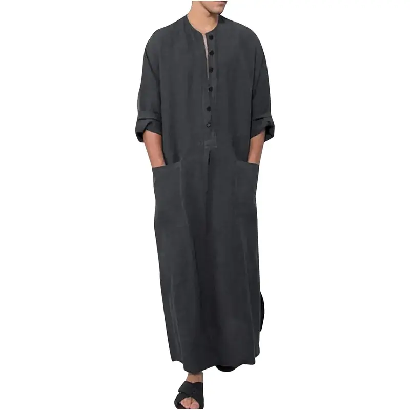 Men’s Long Sleeve Muslim Thobe – Middle Eastern Kaftan Robe, Saudi-Style Islamic Nightgown Abaya for Graceful Reflection