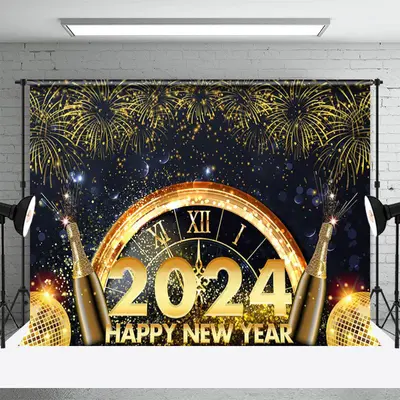 Gold Sparkle Timepiece 2024 Happy New Year Backdrop - Aperturee