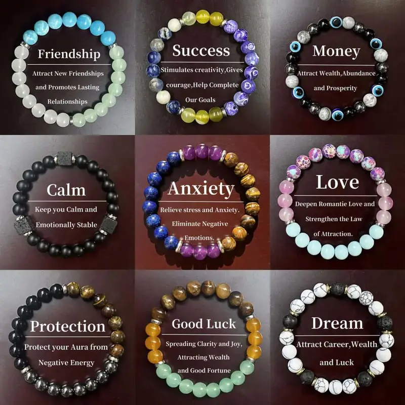 Set of 9 Healing Crystal Stretch Bracelets for Women & Men Natural Gemstone Beads for Peace Wealth Luck Love Confidence Stres...
