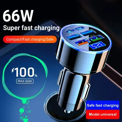 Nuokaiqi Car mobile phone charger QC3.0 fast charging 1 to 6 car adapter plug PD car charger flash charging with digital disp...