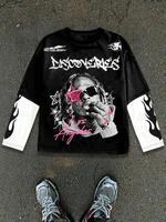 Men's 2 in 1 Patchwork Graphic Print Long Sleeve Tee, Regular Fit Casual Retro Street Round Neck T-shirt for Spring & Fall, M...