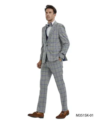 Tazio Men's Skinny Fit 4 Piece Suit Bold Windowpane Plaid