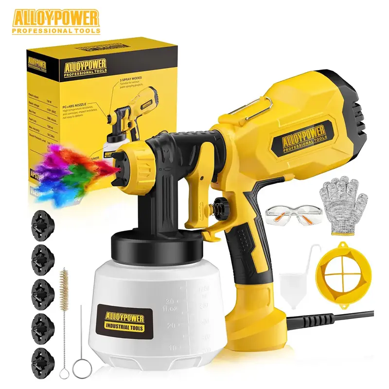 AlloyPower Paint Sprayer, 700W HVLP Electric Paint Sprayer, 5 Nozzles and 3 Patterns, with 1200ml Large Container Spray Gun, ...