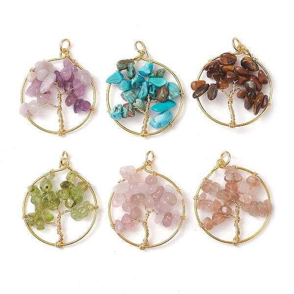 6Pcs 6 Styles Natural Mixed Gemstone Chip Pendants