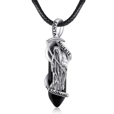 YFN Crystal Santa Muerte Necklace 925 Sterling Silver Grim Reaper Pendant Necklace Protection Jewelry Gift Adjustable Chain L...