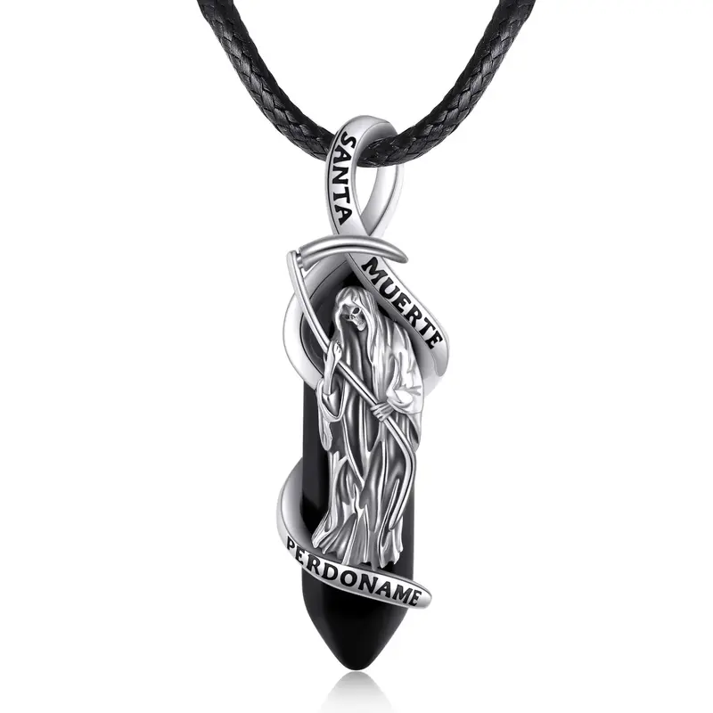 YFN Crystal Santa Muerte Necklace 925 Sterling Silver Grim Reaper Pendant Necklace Protection Jewelry Gift Adjustable Chain L...