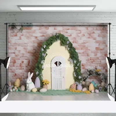 Arch Door Rabbit Egg Grass Easter Photo Backdrop - Aperturee