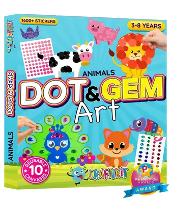 Craftikit Animals Dot & Gem Art Sticker Craft Kit for Kids Ages 3-5 - 1600+ Reusable Stickers & 10 Boards - Creative Learning...