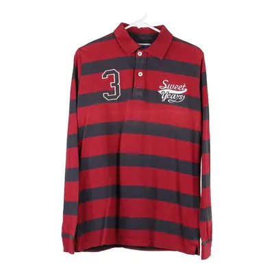 Sweet Years Striped Long Sleeve Polo Shirt - Large Red Cotton