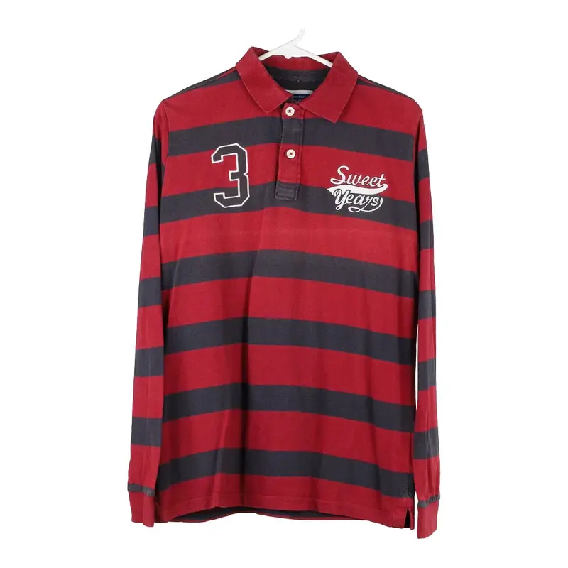 Sweet Years Striped Long Sleeve Polo Shirt - Large Red Cotton