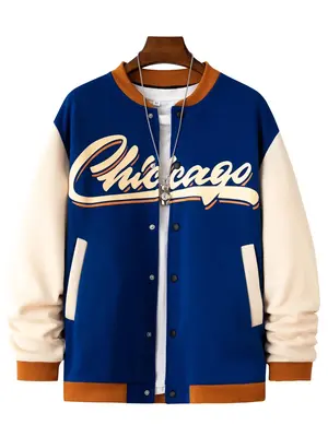 Unisex's Letter Print Button Front Varsity Jacket, Men's Designer Clothes, Casual Drop Shoulder Baseball Collar Jacket for F...