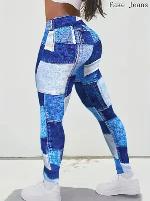 Plus Size Denim-Effect Print High Waist Leggings, Casual Patchwork Skinny Pants For Women, Women's Bottoms For Summer Spring ...