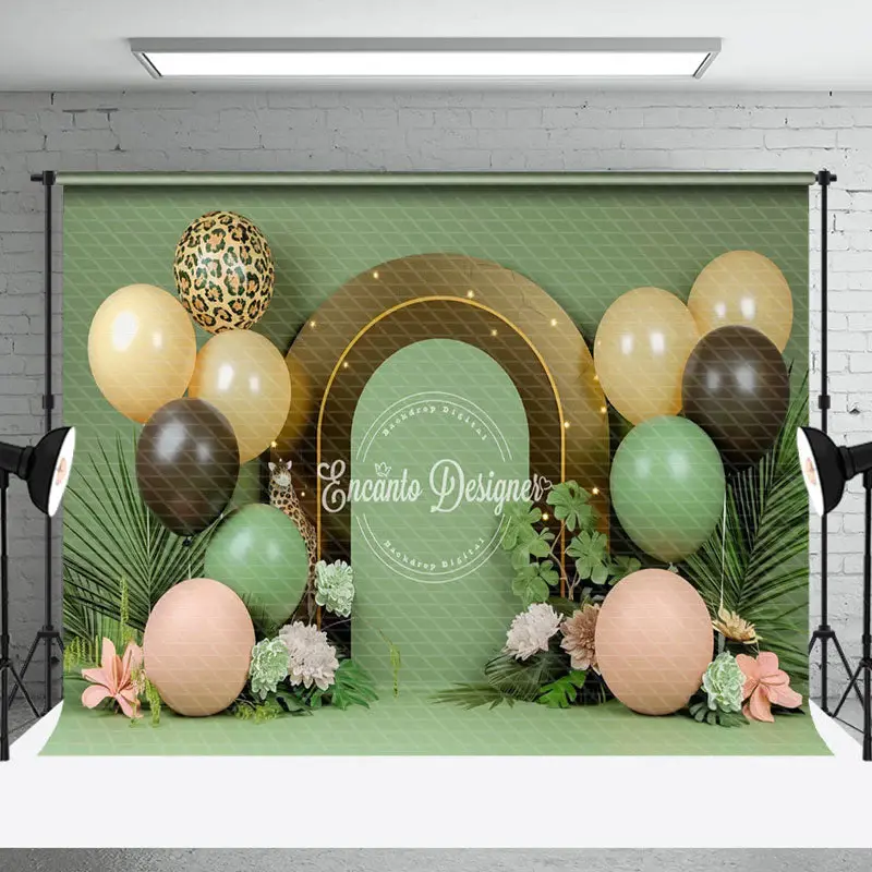Green Plants Balloons Floral Backdrop For Cake Smash - Aperturee