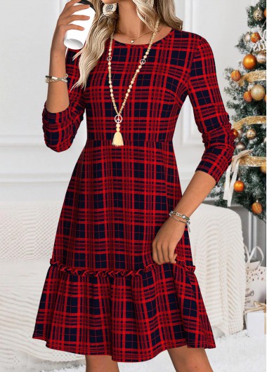 Modlily Wine Red Tummy Coverage Plaid Long Sleeve Dress - XXL