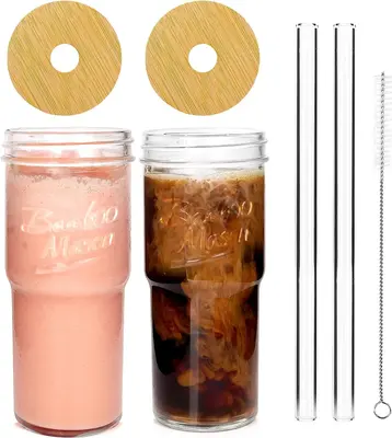 ANOTION 24oz Glass Cups with bamboo Lids and Straws 2 Packs, Travel Coffee Mug Wide Mouth Mason Jar Clear Cute Water Drinking...