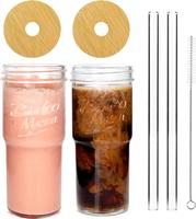 ANOTION 24oz Glass Cups with bamboo Lids and Straws 2 Packs, Travel Coffee Mug Wide Mouth Mason Jar Clear Cute Water Drinking...