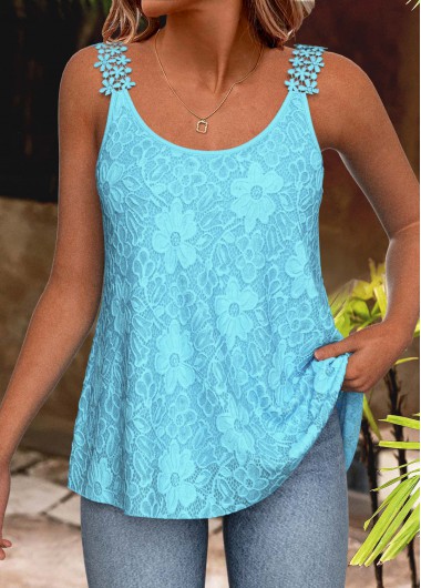 Modlily Light Blue Embroidery Strappy Scoop Neck Camisole Top - XXL
