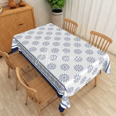 Aperturee Blue Floral Pattern White Rectangle Tablecloth, 52 x 70 inch, 30.82 USD, rectangle tablecloths, ZWH01852-A