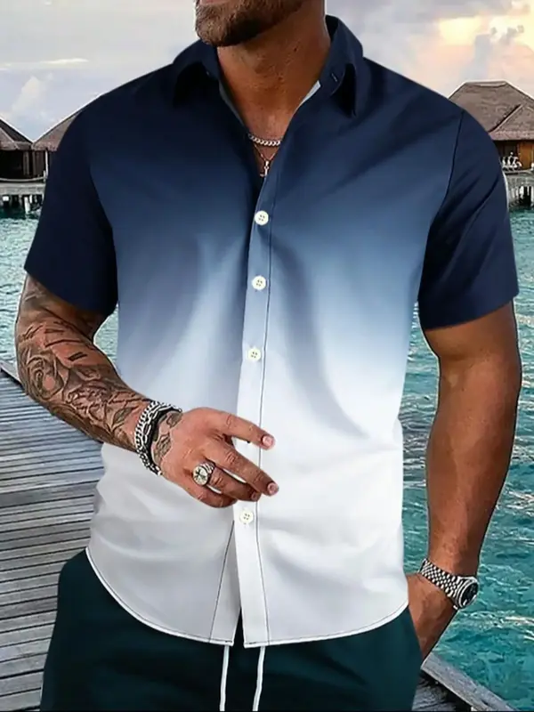 Men's Regular Fit Ombre Print Button Front Shirt, Casual Short Sleeve Collar Shirt For All Seasons Beach Vacation, Fashion Me...