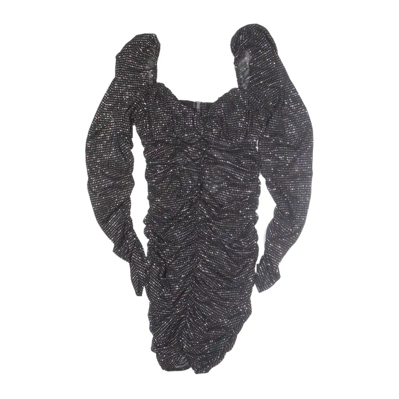 FOR LOVE & LEMONS Sparkle Ruched Bodycon Dress Black Spotted Long Sleeve Short Womens UK 10