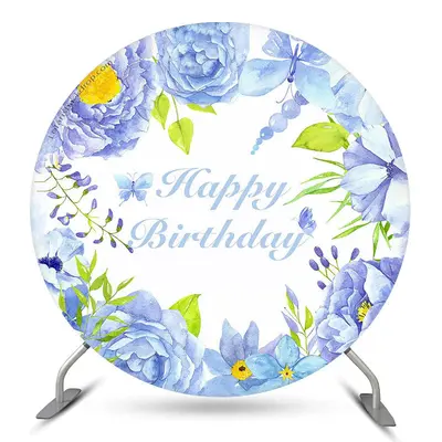 Aperturee Blue Floral Butterfly Circle Happy Birthday Backdrop | Round Birthday Backdrop Cover | Custom Round Backdrop | Birt...