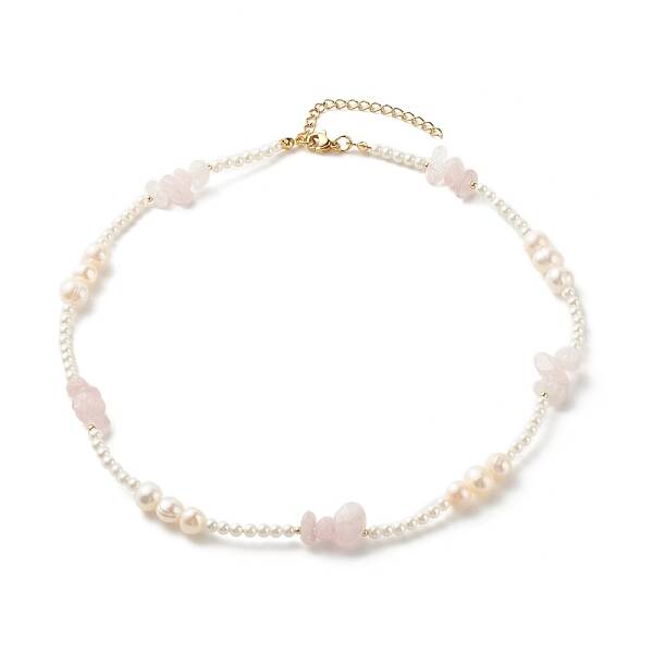 Natural Rose Quartz Chip Beaded Necklace for Girl Women