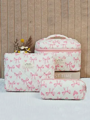 Cute Quilted Pattern Makeup Bag Set, Portable Cosmetic Storage Bag, Zipper Makeup Organizer Pouch, Versatile Storage Bag for ...