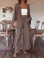 Women's Solid Open Front Top & Wide Leg Pants Set, Casual Long Sleeve Outerwear & Pocket Trousers for Spring & Fall, Women's ...