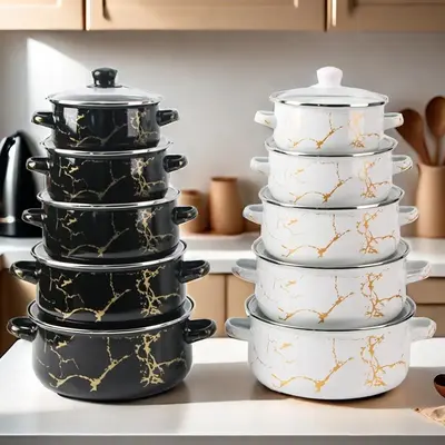 Enamel Cookware Set, 5 Counts/set Soup Pot Set with Lid & Handle, Durable & Easy To Clean Cookware Set for Restaurant Cooking...