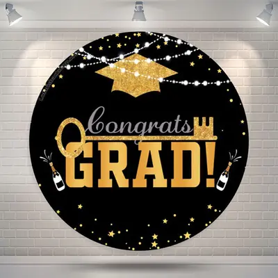 Aperturee Gold Mortarboard Lights Round Congrats Grad Backdrop | Grad Backdrop Banner | Grad Backdrops For Photography | Phot...