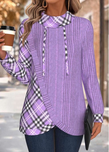 Modlily Light Purple Tummy Coverage Plaid Long Sleeve Sweatshirt - L