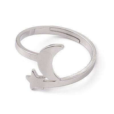 Non-Tarnish 201 Stainless Steel Moon & Star Adjustable Ring for Women