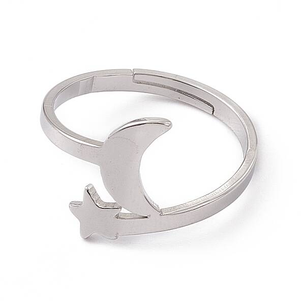 Non-Tarnish 201 Stainless Steel Moon & Star Adjustable Ring for Women