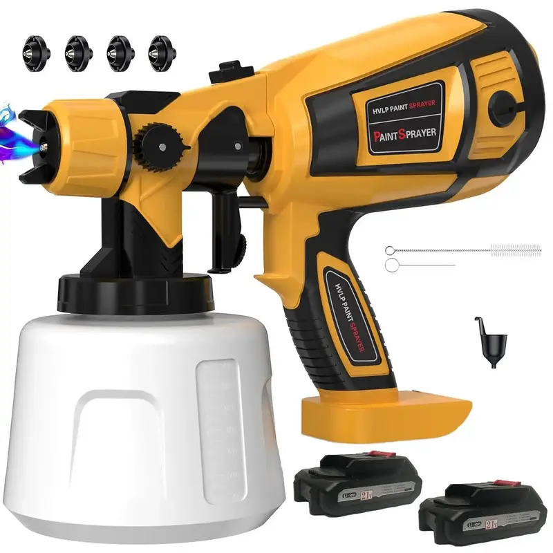 Portable Paint Sprayer, Cordless Paint Gun Machine with 2 Batterie with Cleaning & Blowing Joints, 4 Nozzles and 3 Patterns,...