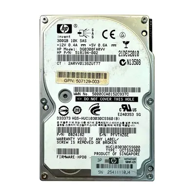 518194R-002 HP 300GB 10000RPM SAS 6Gb/s SFF Hot-Pluggable Dual Port 2.5-inch Hard Drive for Gen1 to Gen7 ProLiant Servers