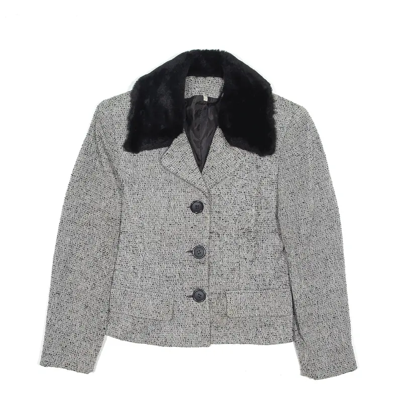Faux Fur Collar Blazer Jacket Grey 80s Womens S