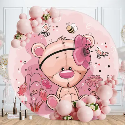 Aperturee Pink Floral And Bear Round Baby Shower Backdrop