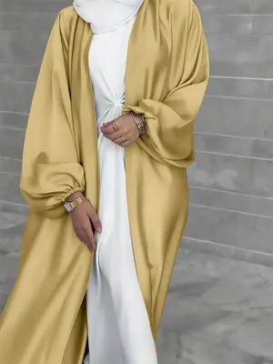 Women's Lantern Sleeve Open Front Satin Abaya, Elegant Long Sleeve Arabic Robe Outerwear for Daily Wear, Eid Clothing for Wom...