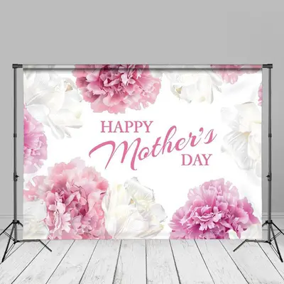 Pink White Floral Simple Happy Mothers Day Backdrop - Aperturee