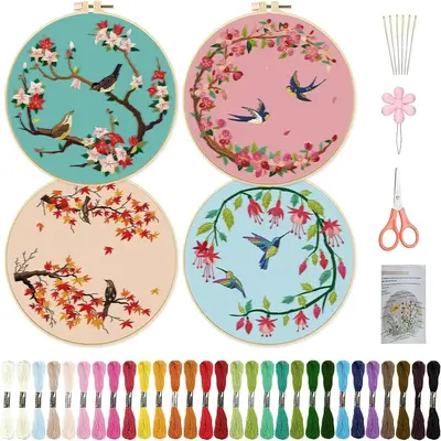 Flower & Bird Pattern Embroidery Kit, 4pcs/set DIY Embroidery Set With Accessories, Embroidery Starter Kit For Beginner