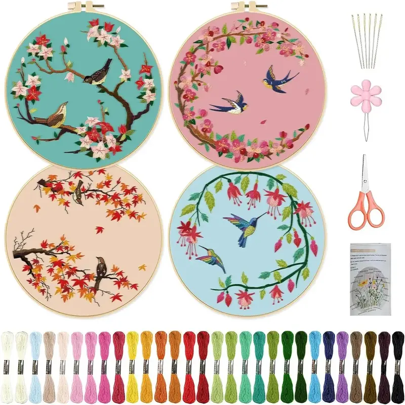 Flower & Bird Pattern Embroidery Kit, 4pcs/set DIY Embroidery Set With Accessories, Embroidery Starter Kit For Beginner