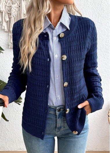 Modlily Navy Button Long Sleeve Round Neck Cardigan - L