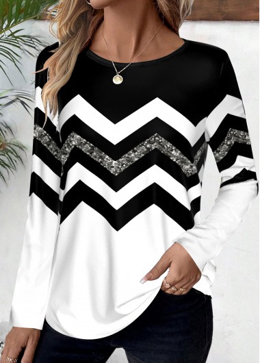 Modlily Black Patchwork Striped Long Sleeve Round Neck T Shirt - XXL